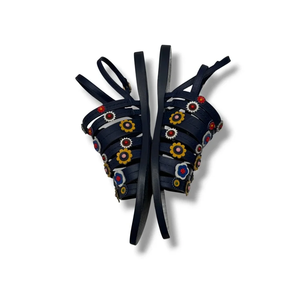 Tory Burch Marguerite Sandals 8 Navy Leather Floral Summer Casual‎ Boho
